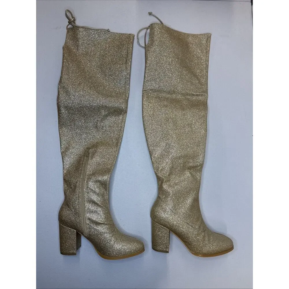Allegra K Women's Over the Knee Boots Chunky Heel Gold Glitter Size 6.5